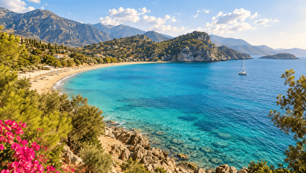 Coasta Turciei &icirc;n septembrie, cu mare turcoaz și plaje &icirc;nsorite pe litoralul Egee și Antalya