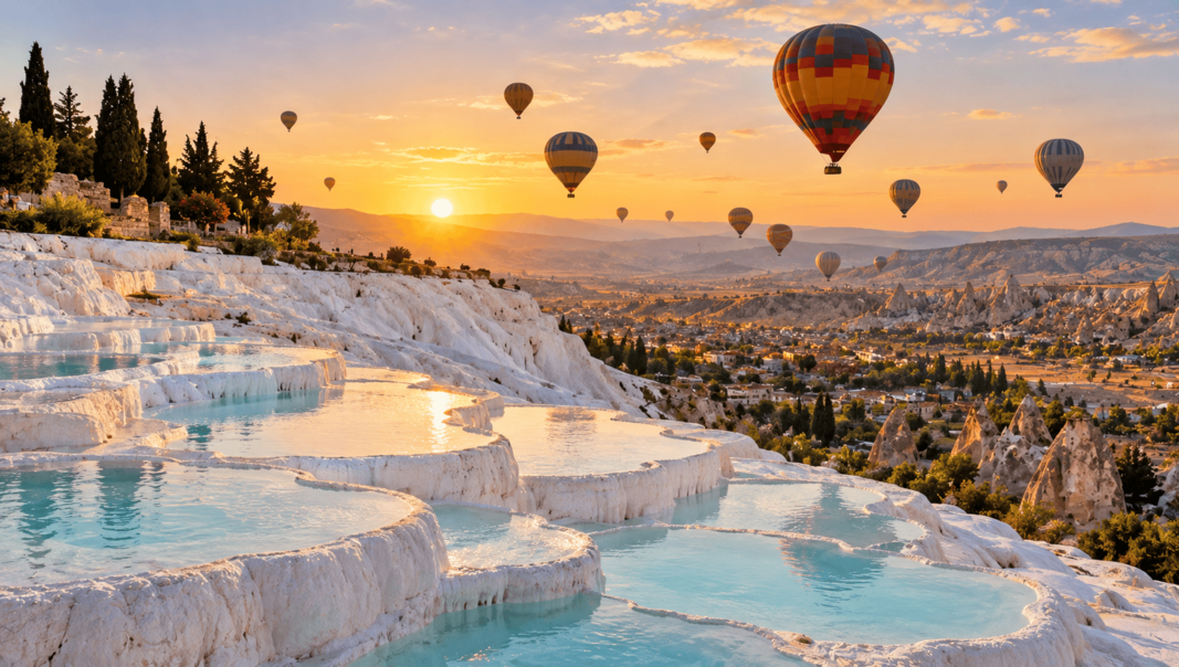 Terasele de travertin de la Pamukkale sau balon cu aer cald deasupra Cappadociei, Turcia, &icirc;n septembrie