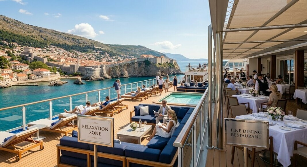 Изискани ресторанти и зони за отдих на палубата на луксозен круизен кораб