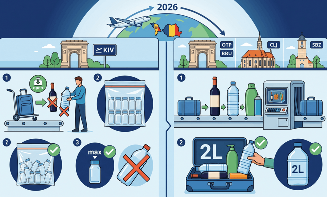 Reguli lichide bagaj de cabină avion 2026: 100 ml la Chișinău KIV, 2 litri la București Otopeni OTP și Băneasa BBU din 11 martie 2026, Cluj-Napoca din 3 septembrie 2025, Sibiu din 5 septembrie 2025