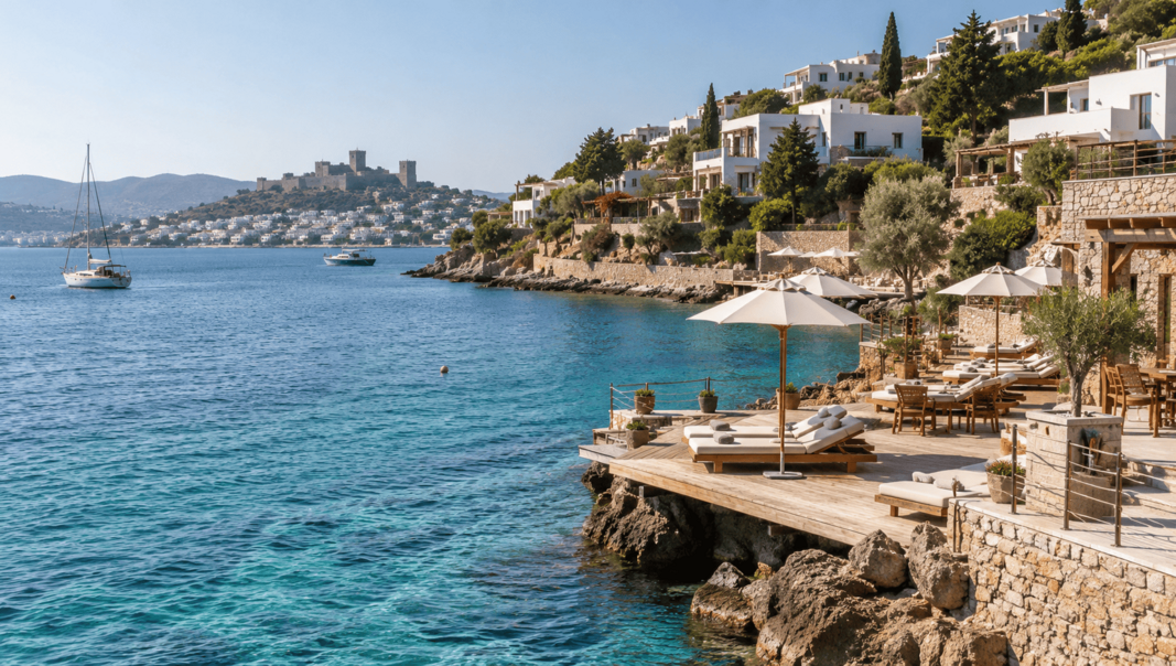 Golf liniștit din Bodrum, Turcia, cu platformă de plajă pe relieful st&acirc;ncos și hoteluri boutique