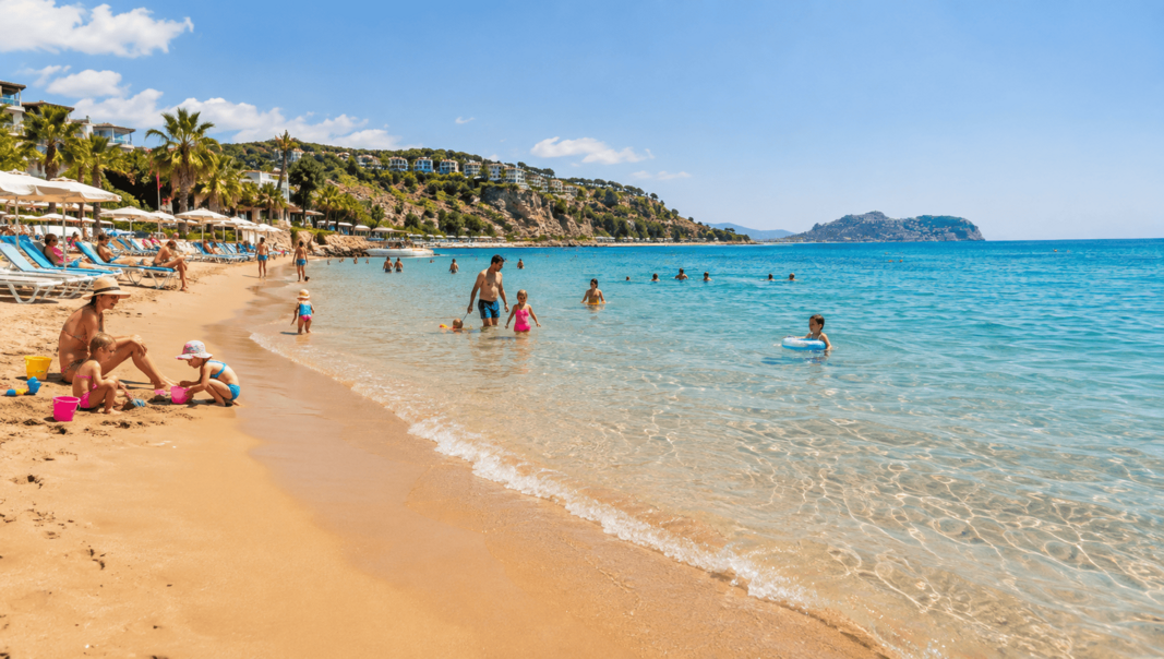Plajă cu nisip fin și intrare lină &icirc;n mare &icirc;n Alanya sau Side, Turcia, ideală pentru familii cu copii