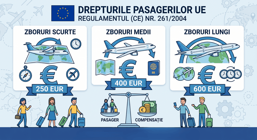 Compensații pasageri UE conform Regulamentului CE 261/2004, 250 EUR pentru zboruri sub 1500 km, 400 EUR &icirc;ntre 1500-3500 km, 600 EUR peste 3500 km